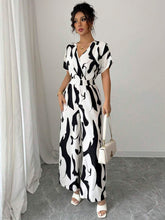 Elenzga Women's Elegant Zebra Floral V-Neck Raglan Sleeve Waist Jumpsuit